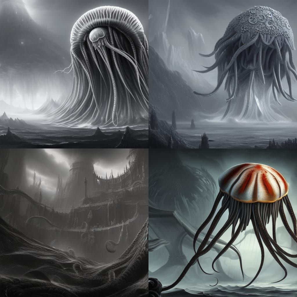 Monochrome Nightmare Jellyfish in Detailed Matte Painting
