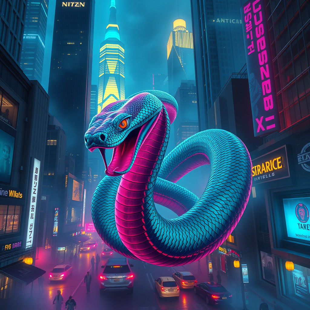 Retro Snake Winds Through Neon Cityscape