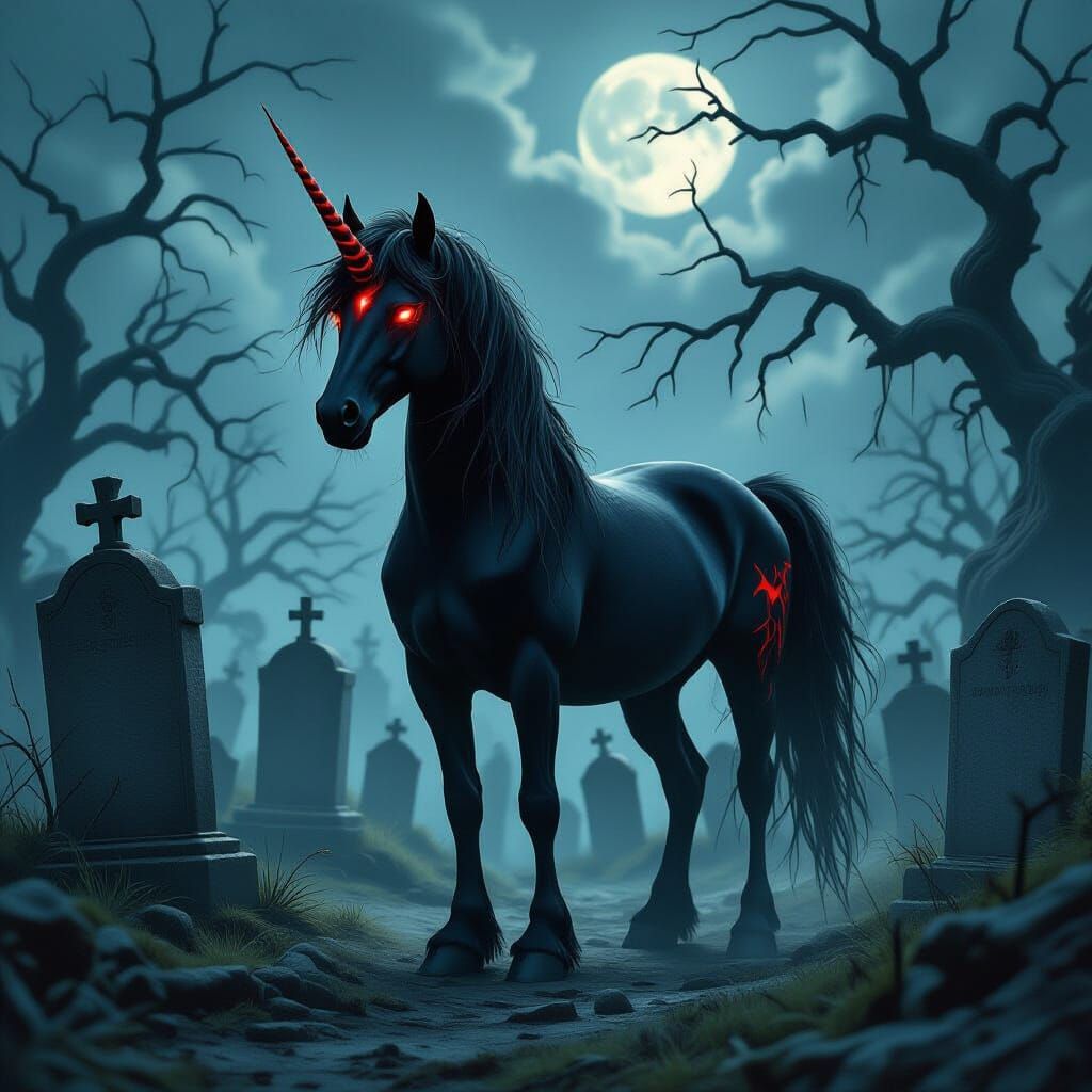 Menacing Unicorn in Graveyard: A Gothic Horror