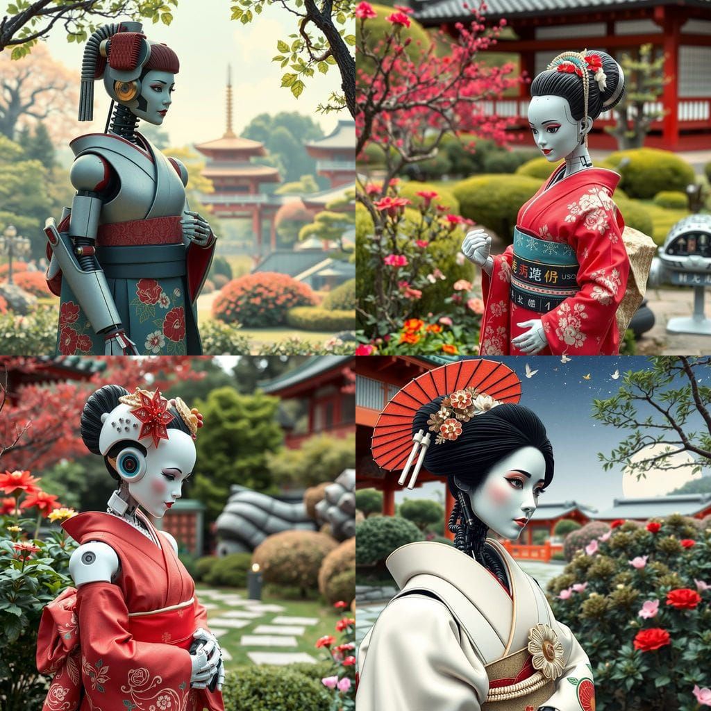 Geisha Robot in Traditional Japanese Garden