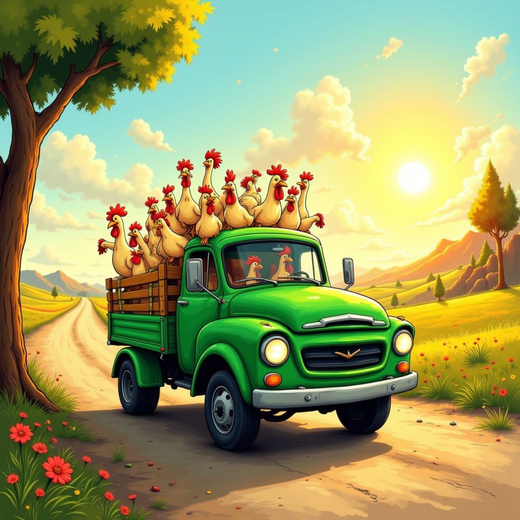 Chickens on a Truck Country Road at Golden Hour