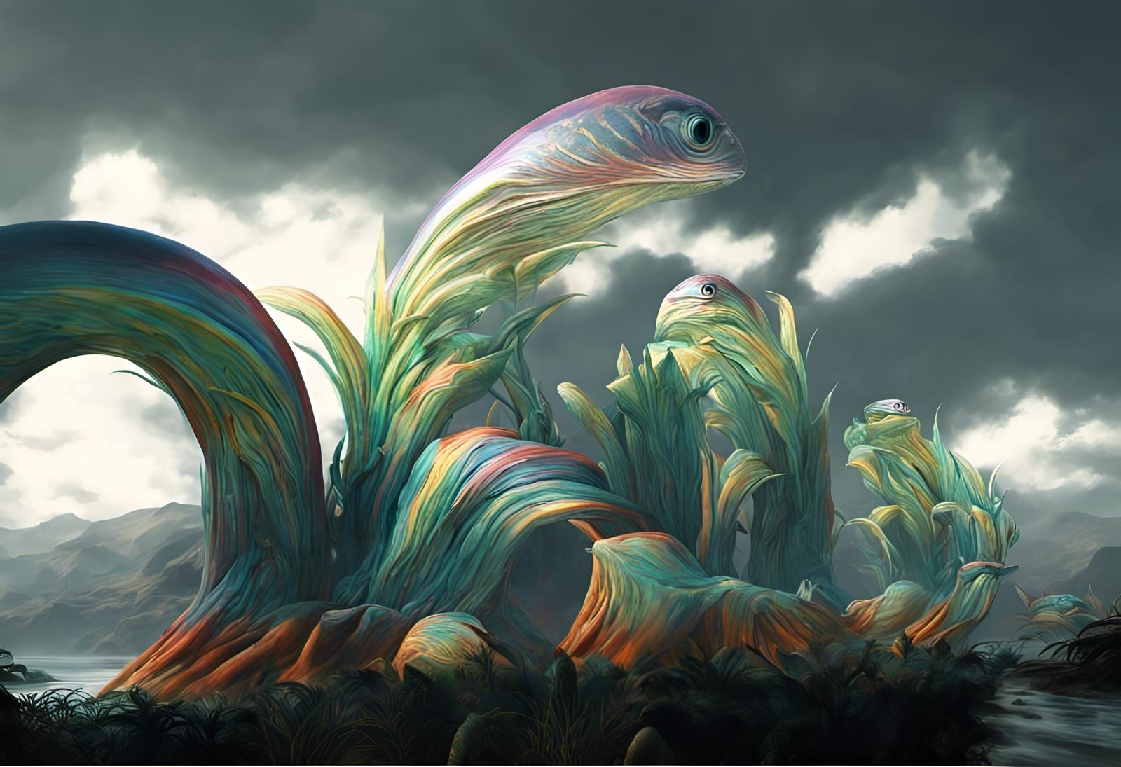 Technicolor Rain: Futuristic Spire Architecture in Clouds