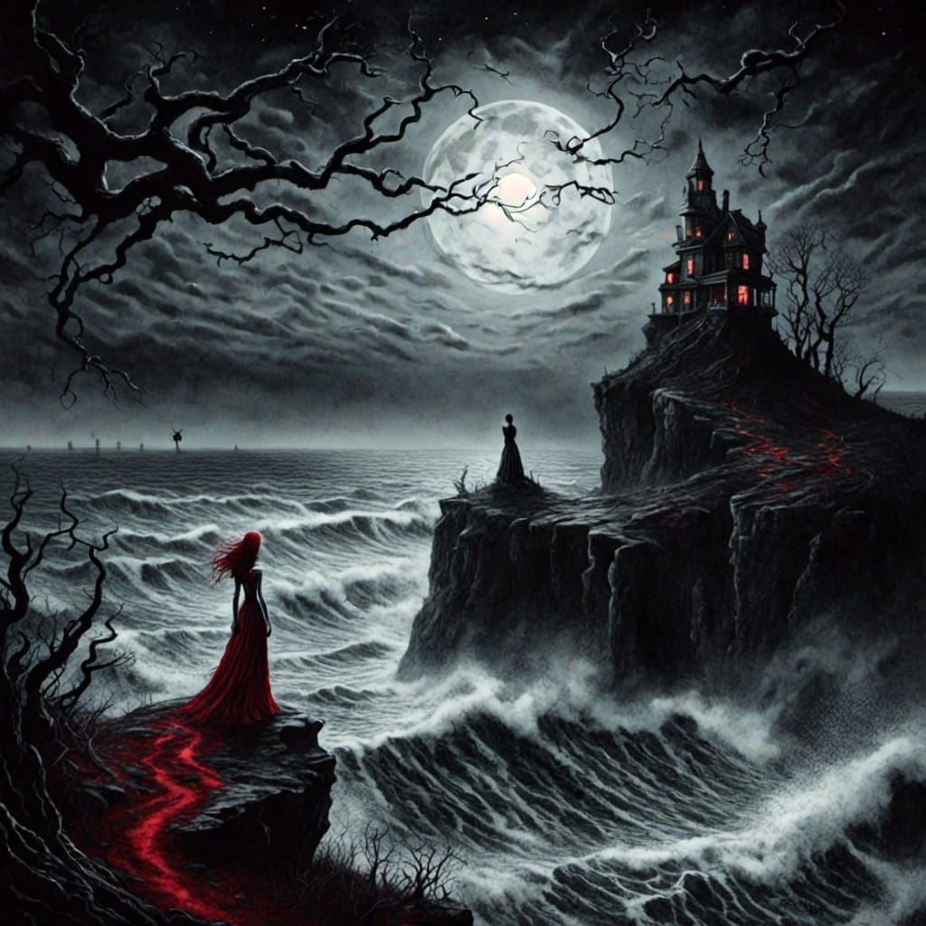 Lonely Woman on Cliff in Gothic Watercolor Style