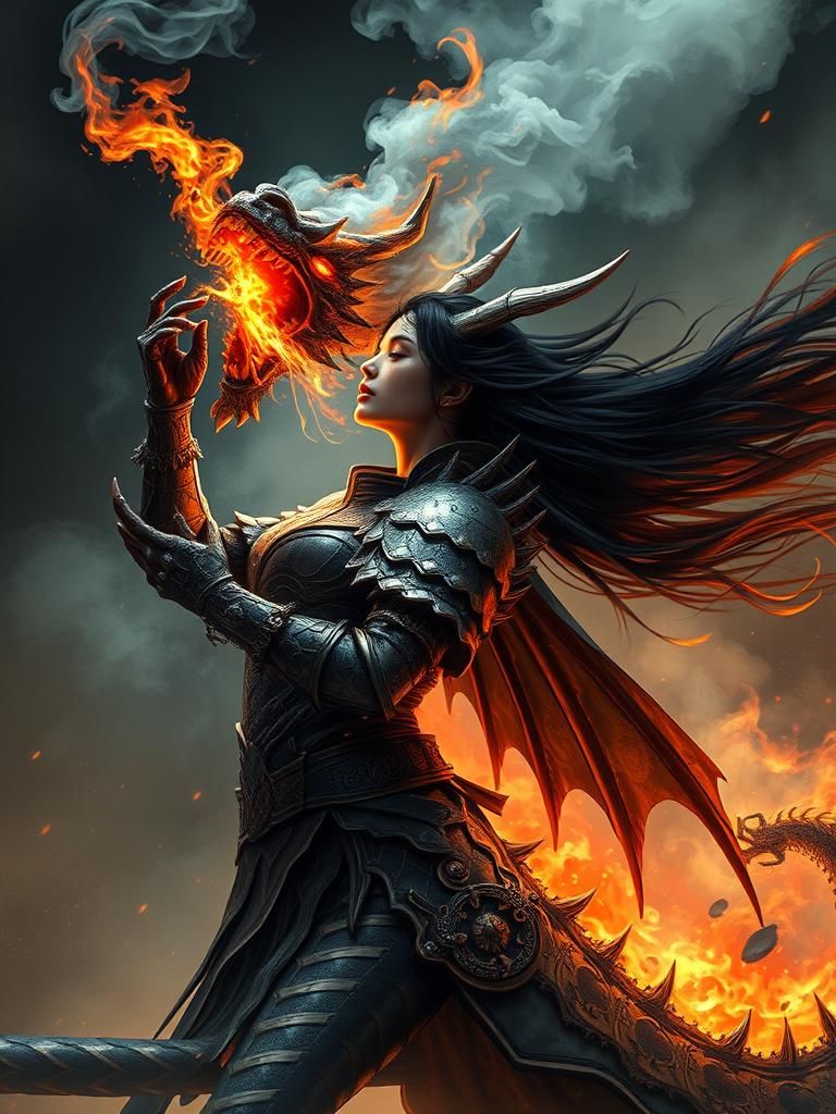 Dragon Warrior Woman Rearing Up, Breathing Fire