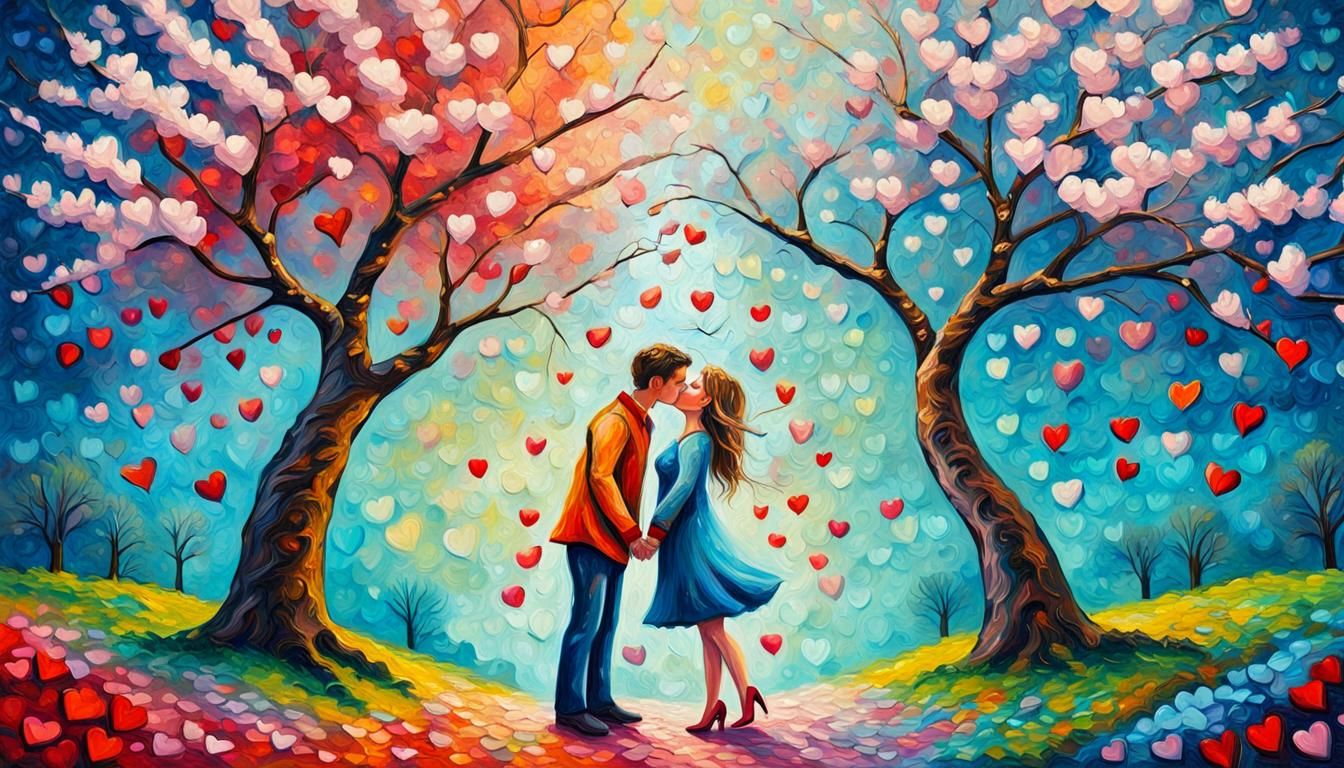 Fantasy Kiss in Spring, Neo-Impressionist Oil Painting