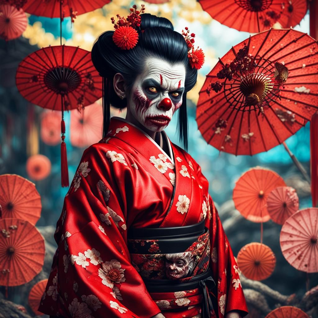 Zombie Monkey Geisha Clown in Hyper-Realistic Horror Art