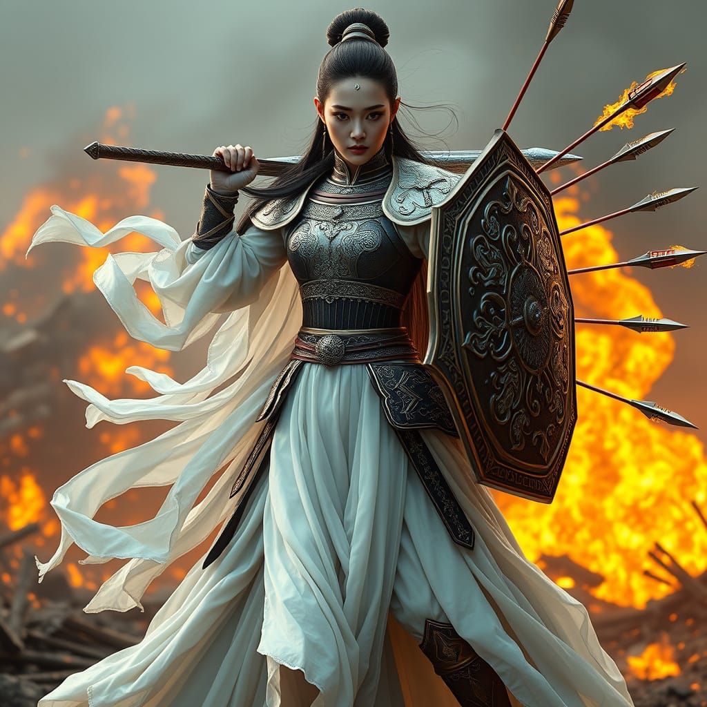 Epic Asian Woman Warrior in God Armor