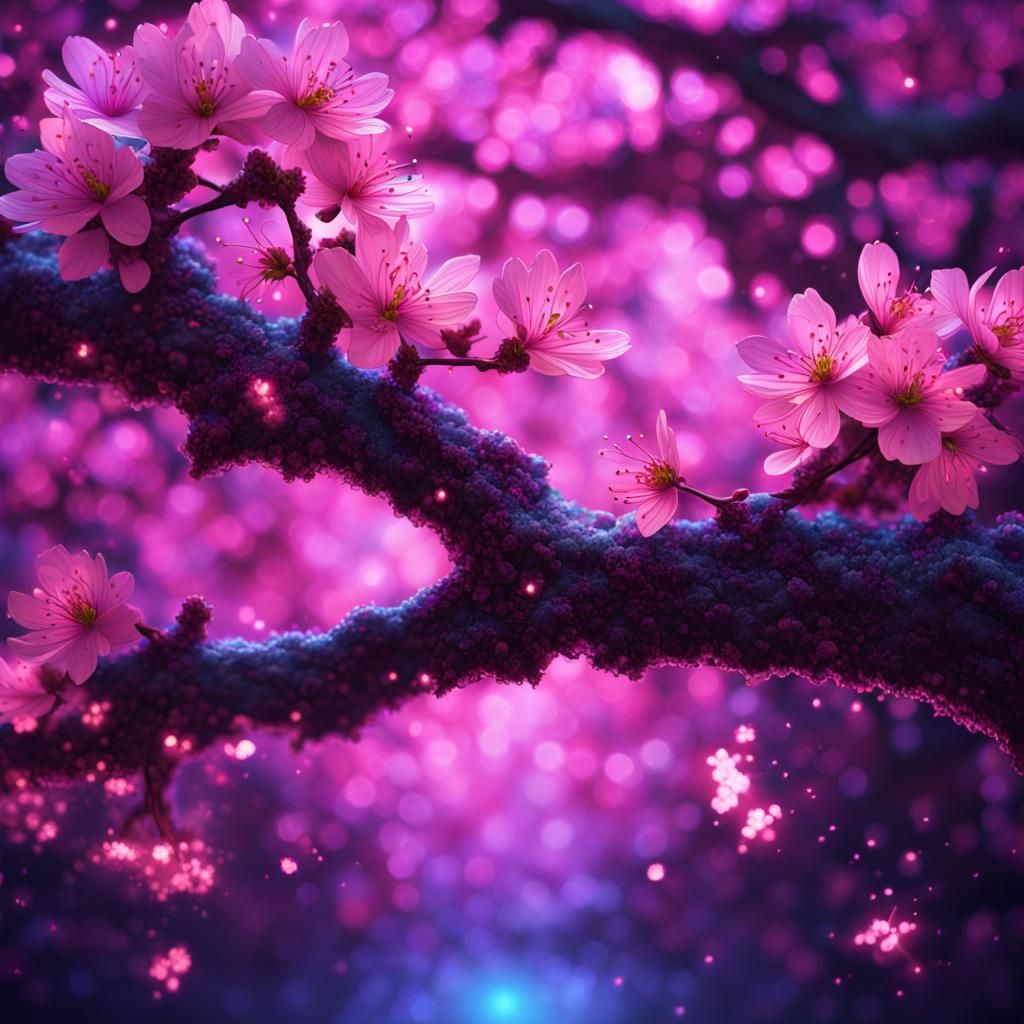 Magic Cherry Blossom in Blacklight, Fantasy Illustration