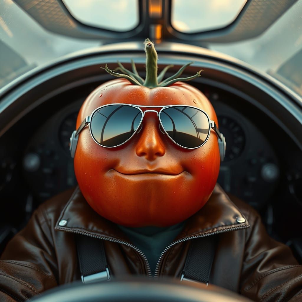 Hyper-Realistic Tomato Pilot in Futuristic Cockpit