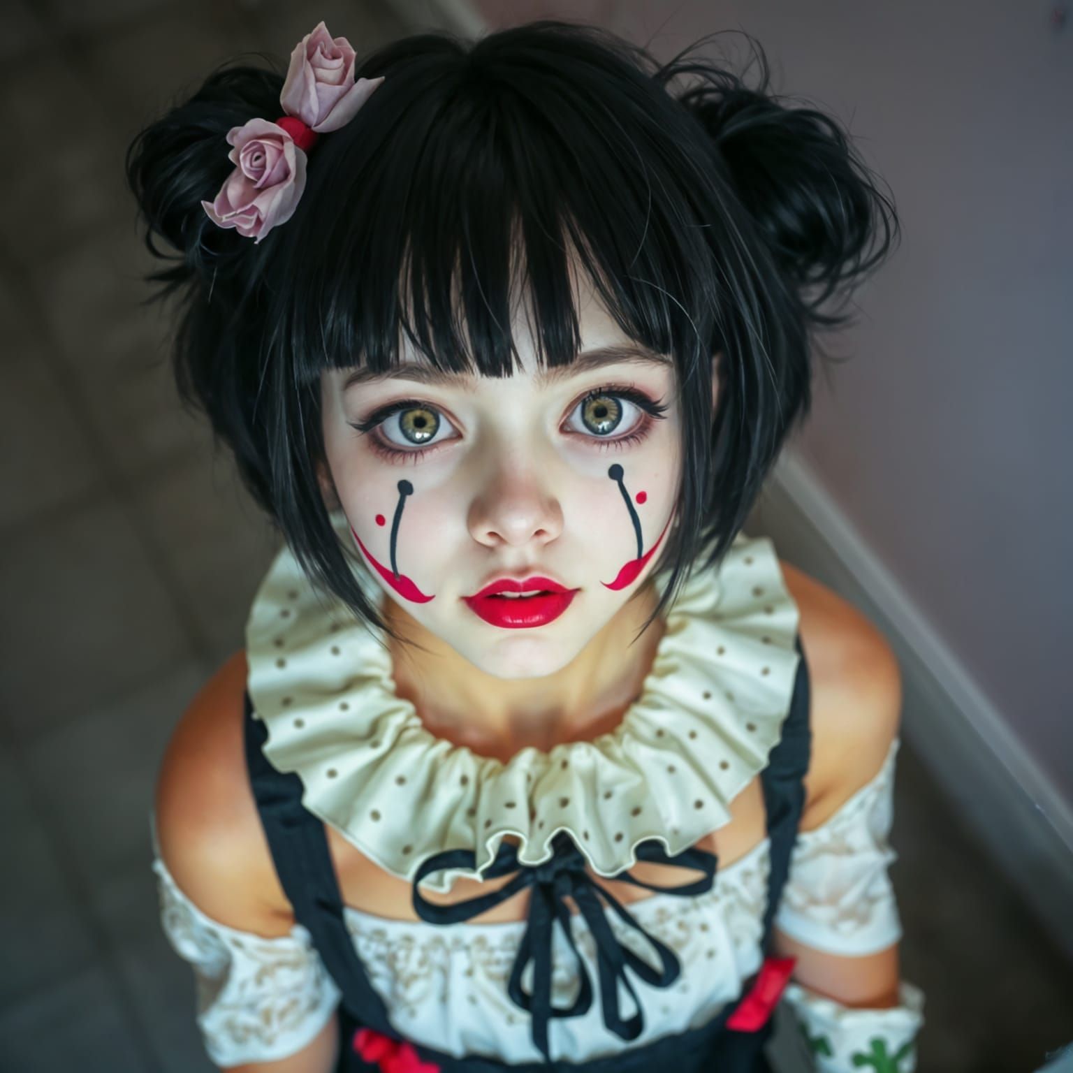 Gothic Vampire Clown Girl Stares Up at the Viewer