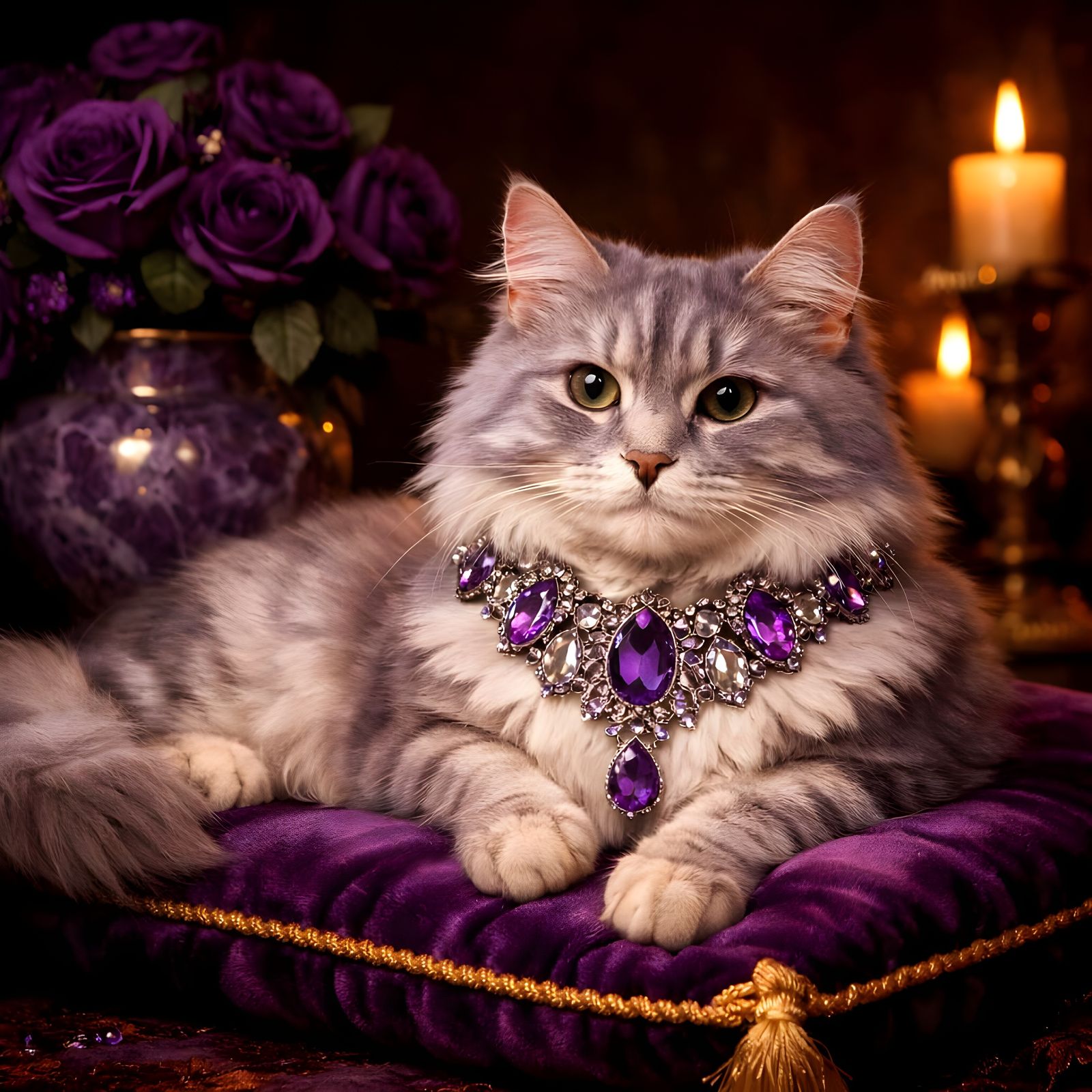 Elegant Lavender Tabby Cat With Amethyst Necklace