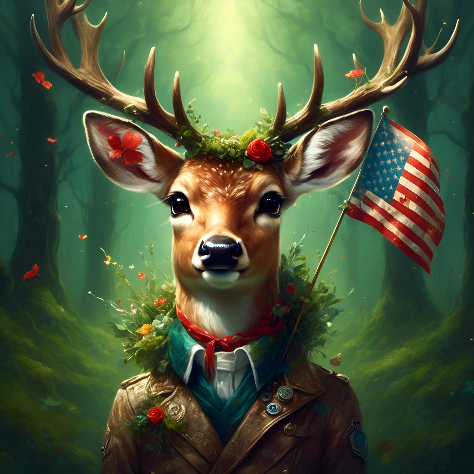 Adorable Stag Deer Holding Flag in Green Forest