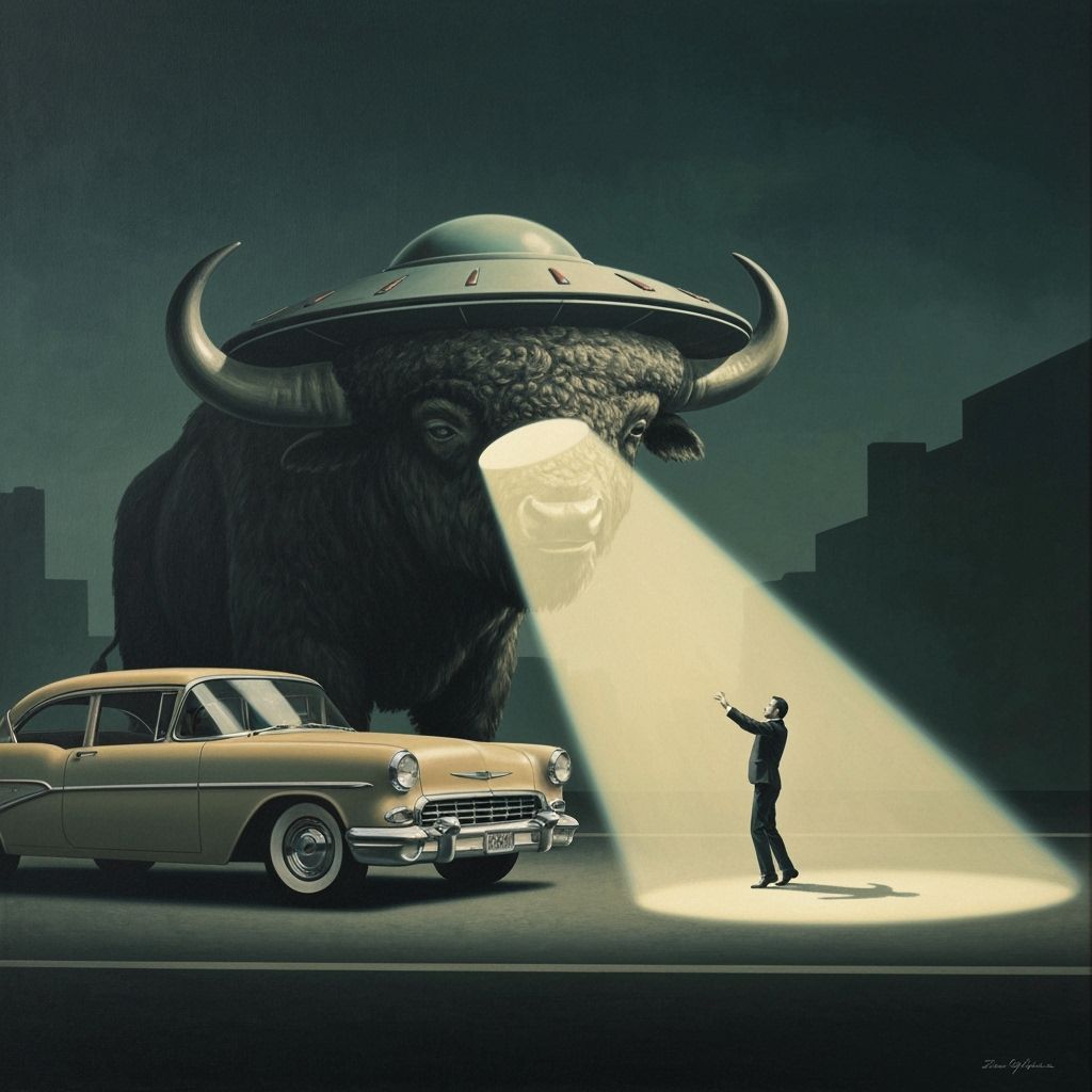 Antropomorphic UFO Buffalo Searches Street in Retrofuturisti...