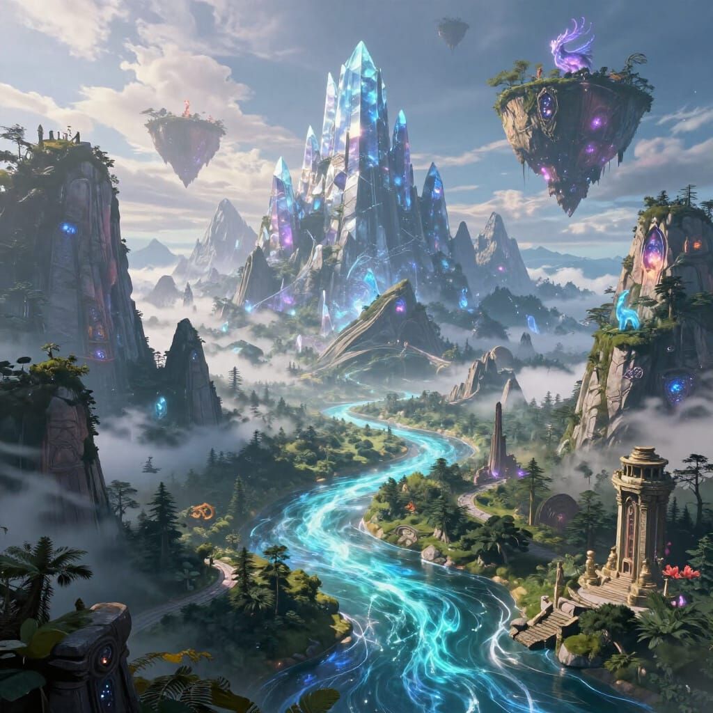 Fantasy Landscape with Crystal Mountains and Glowing Rivers