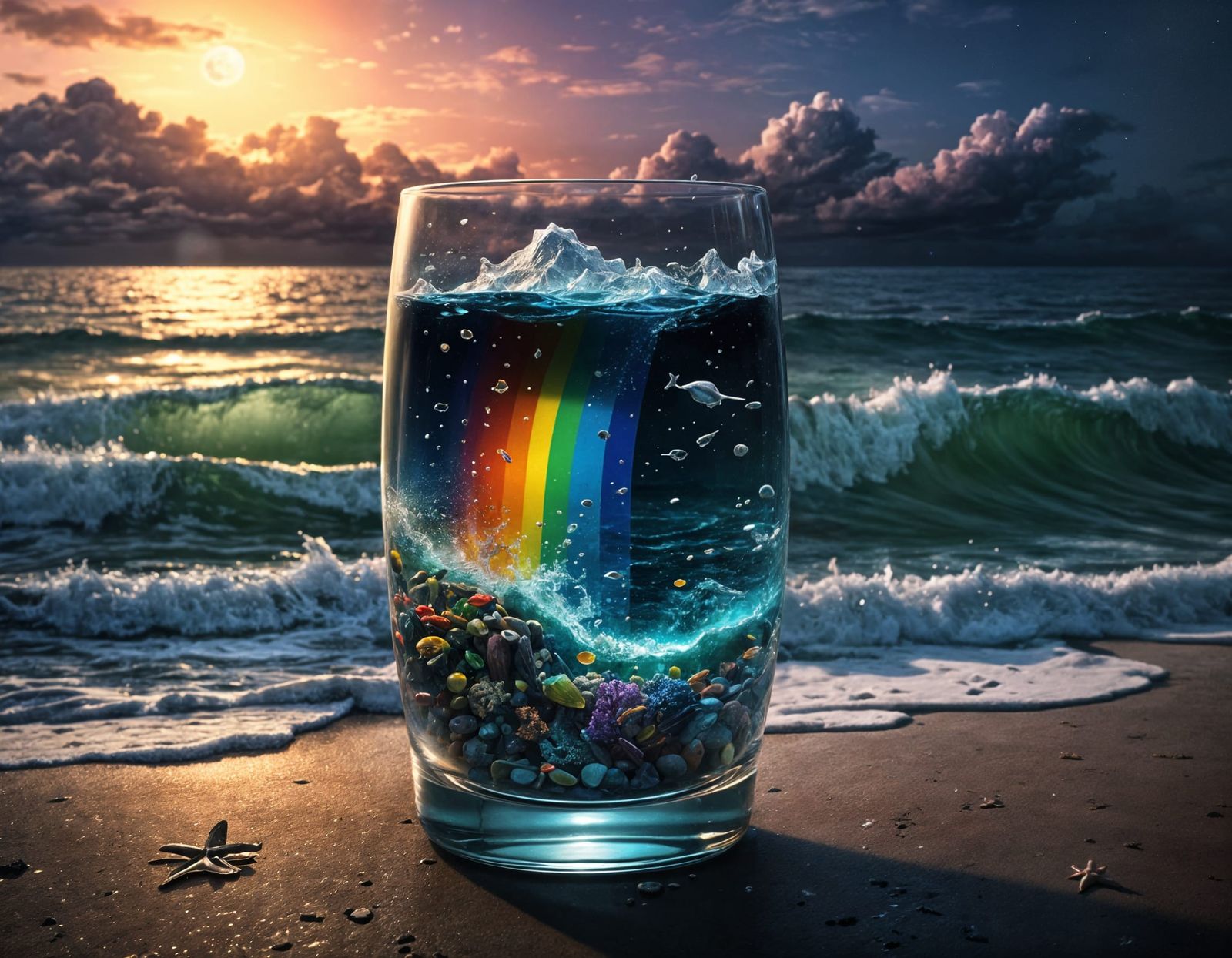 Ocean in a Glass at Midnight: Rainbow Digital Art