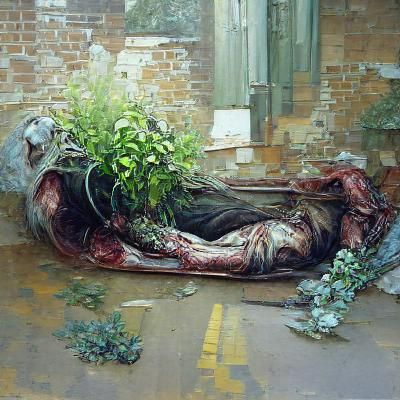 Dead Body Overgrown with Plants: Oil Painting