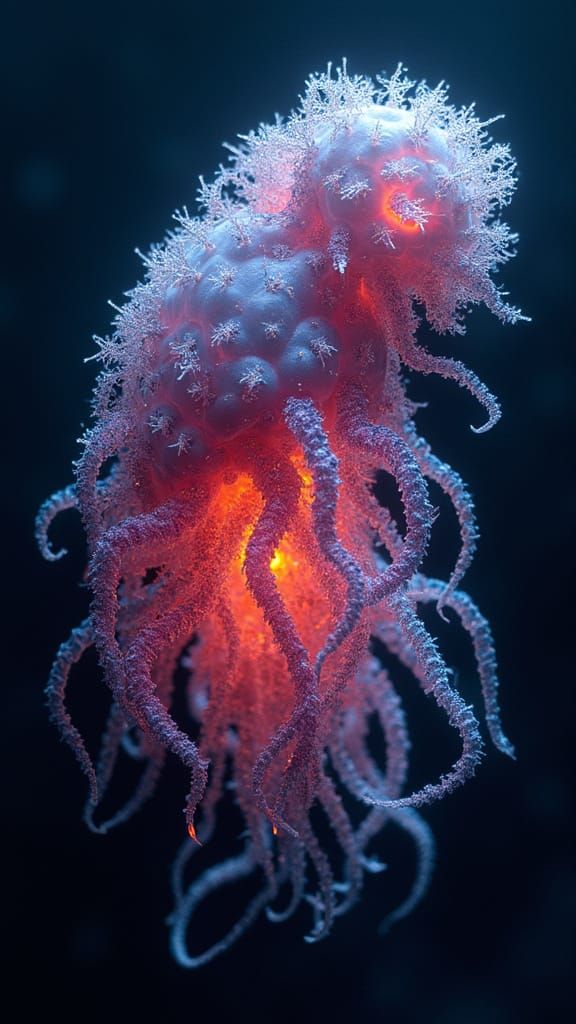 Bioluminescent Xenomorphic Organism Under Microscope