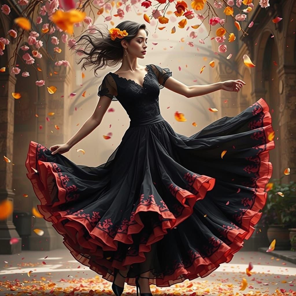 Passionate Flamenco Dancer in Anime Style with Floral Accent...