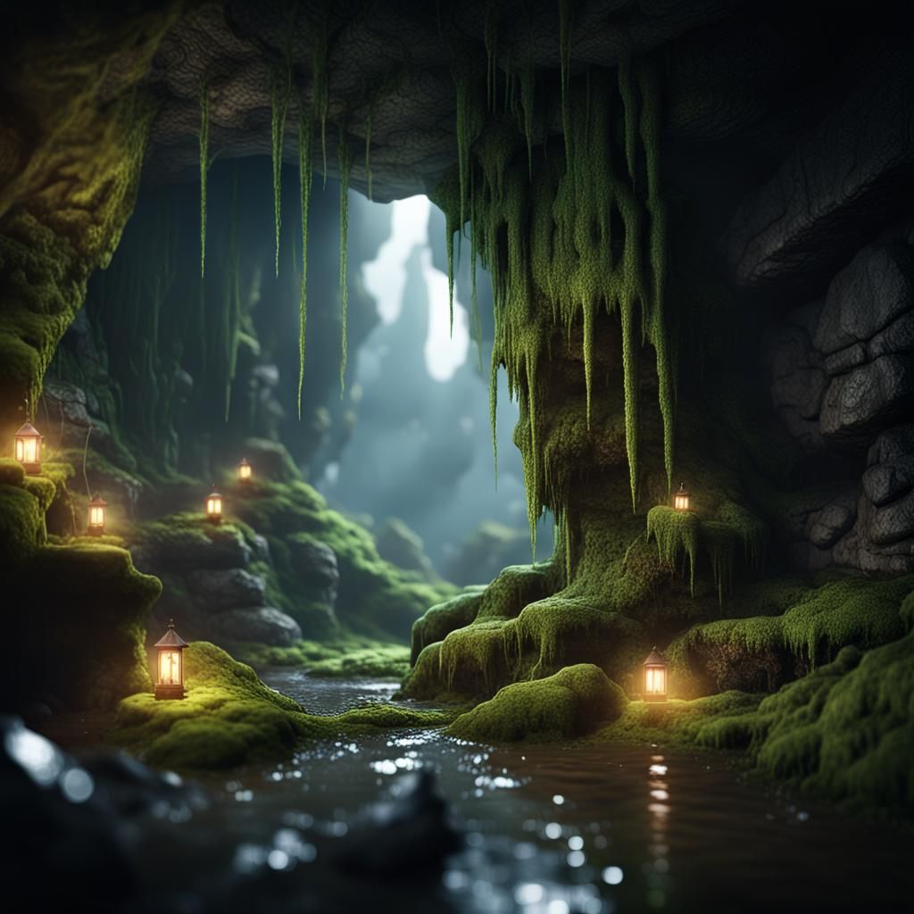 Dramatic Mossy Cave Interior with Light Shaft: 8K Render