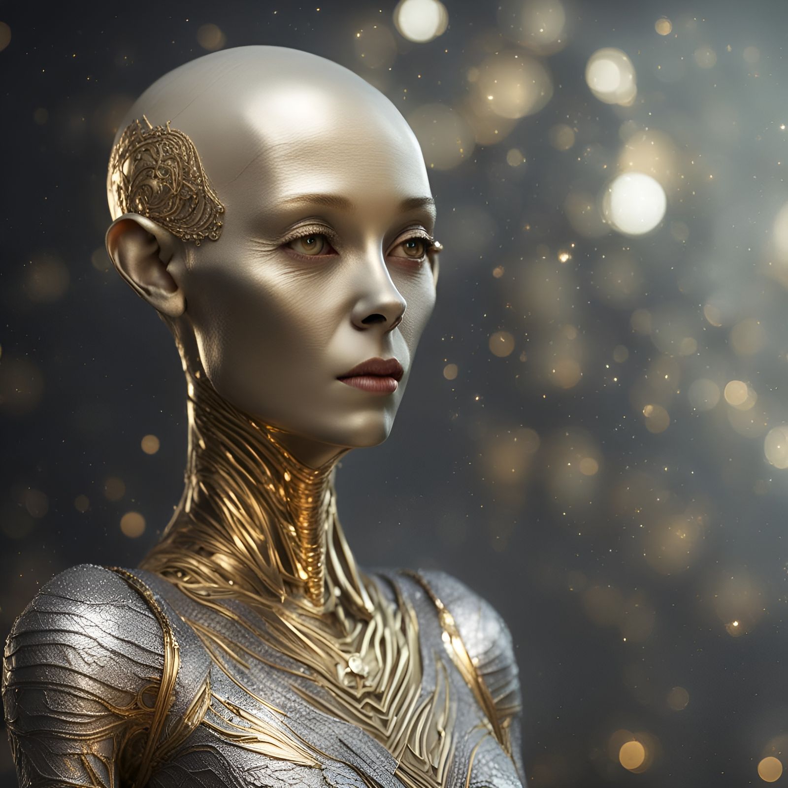 Golden-Skinned Alien Woman with Silver Bodysuit