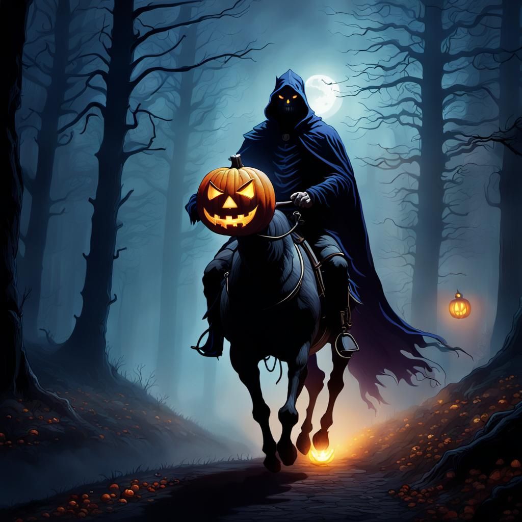 Headless Horseman Rides Through Eerie Misty Forest at Dusk