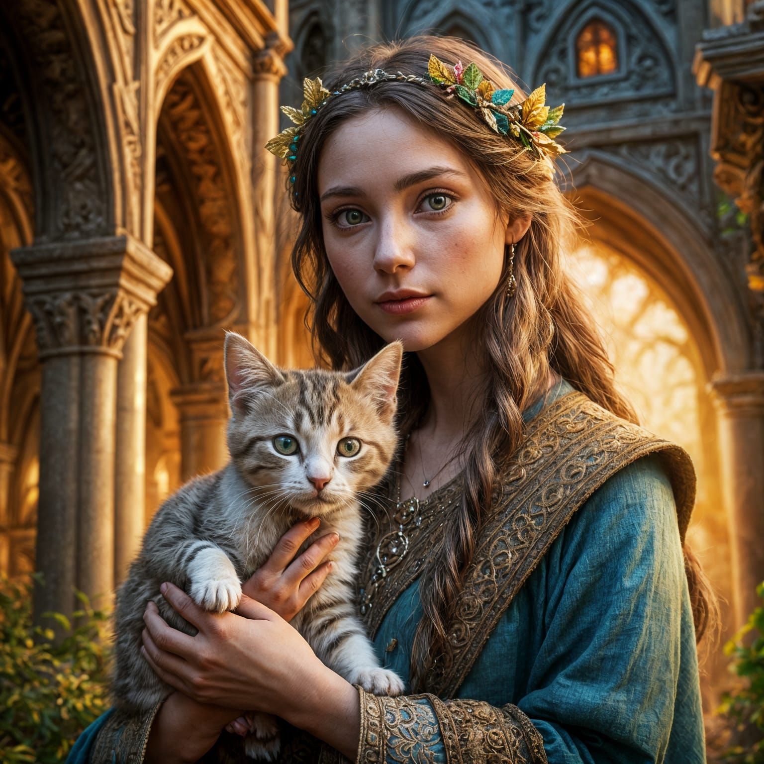 Beautiful Hyperrealistic Elf Maiden with Cute Kittens