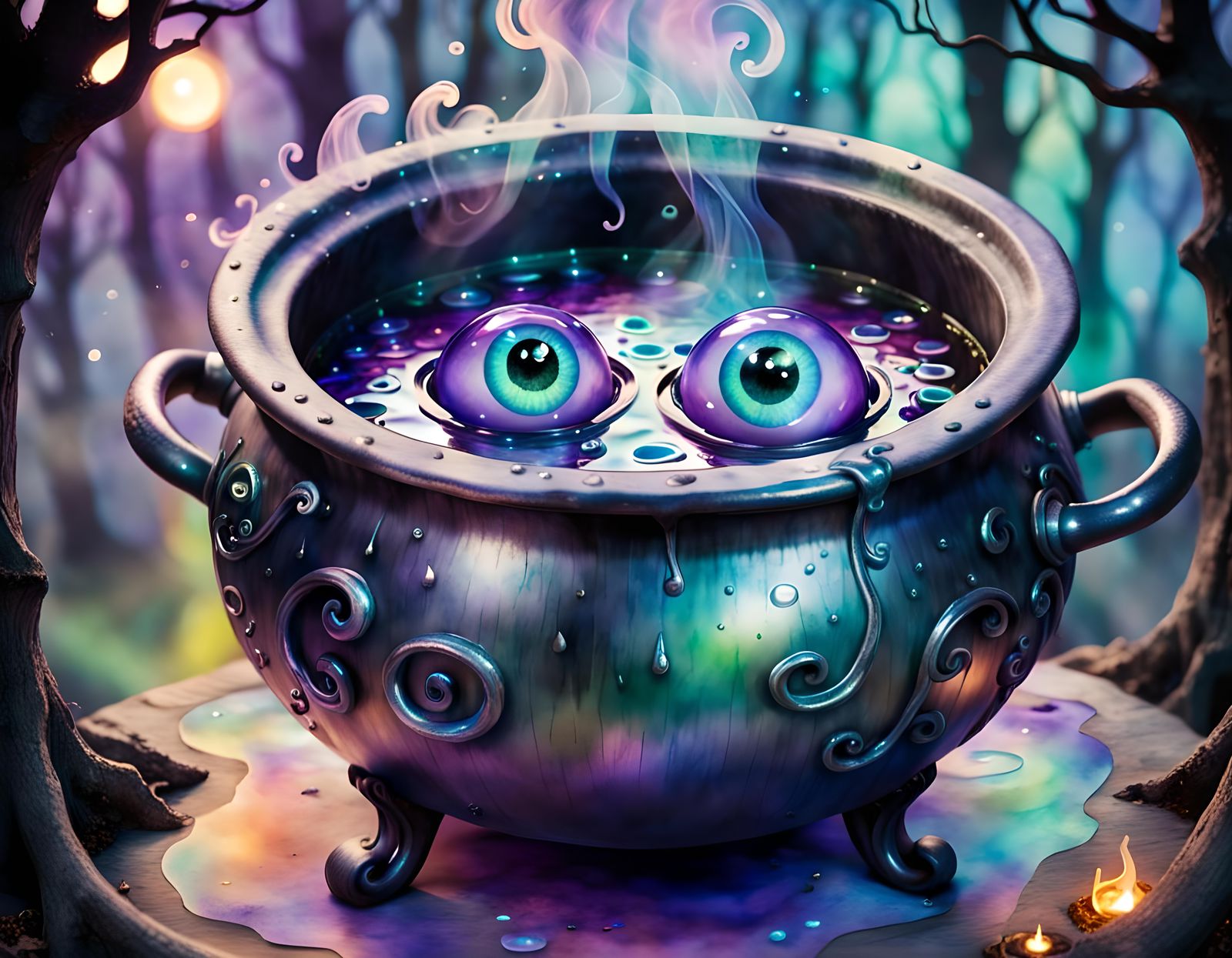 Iridescent Witch's Cauldron with Googly Eyes in Watercolor