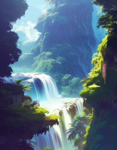 Tropical Island Waterfalls in Anime Style