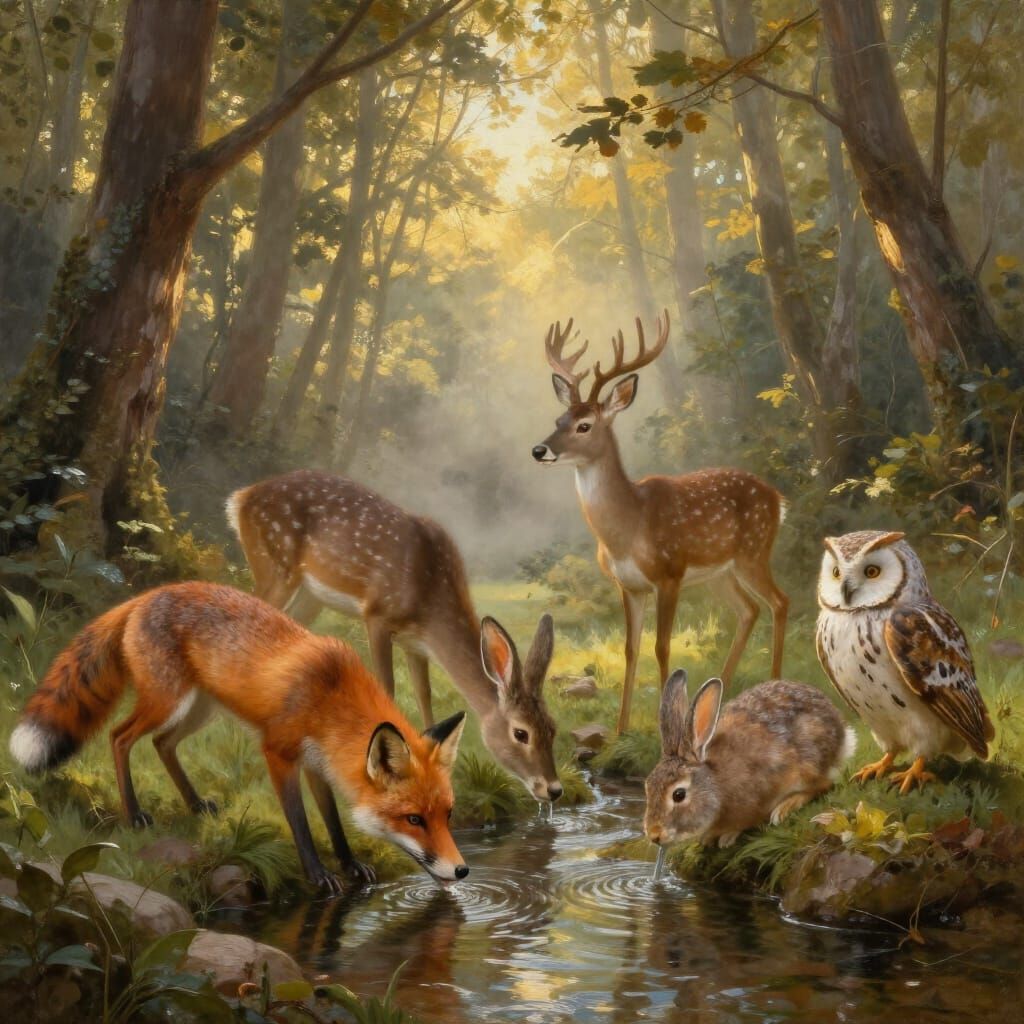 Woodland Animals Gather at Dawn in Sunlit Forest Glade