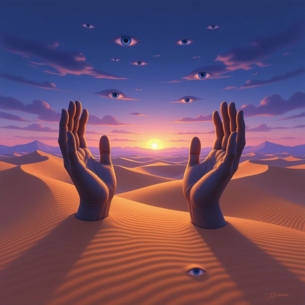 Surreal Sand Dunes with Hands and Eyes at Dusk