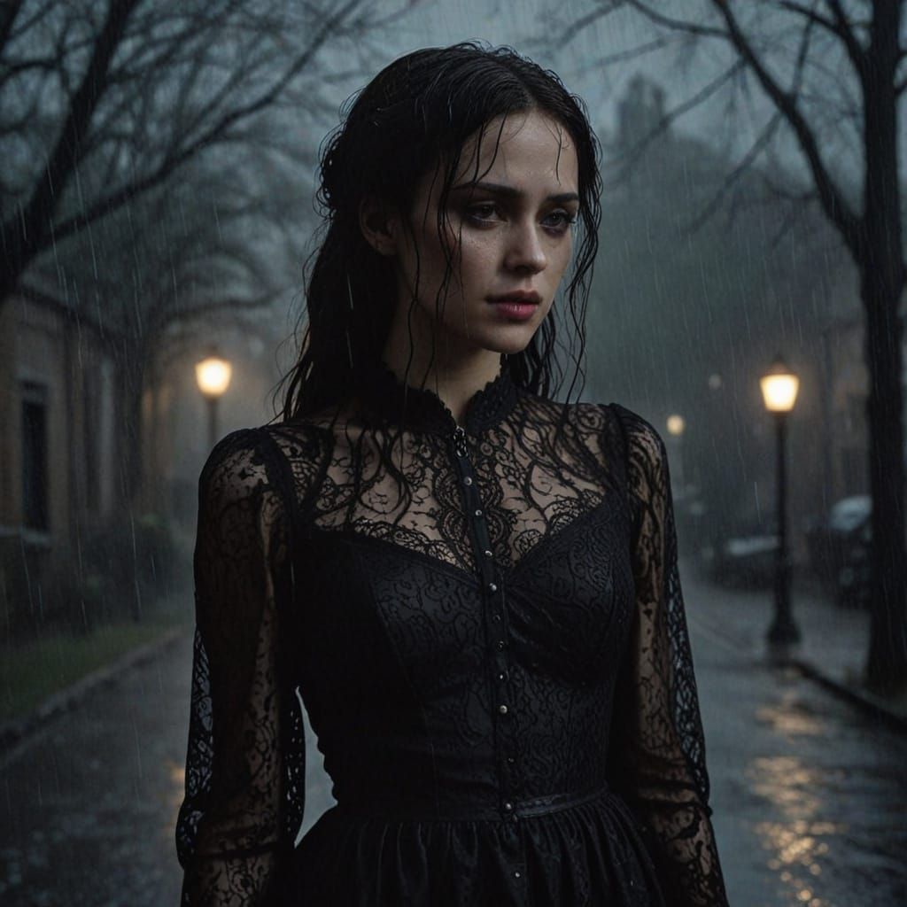 Mysterious Woman in Rainy Victorian Scene