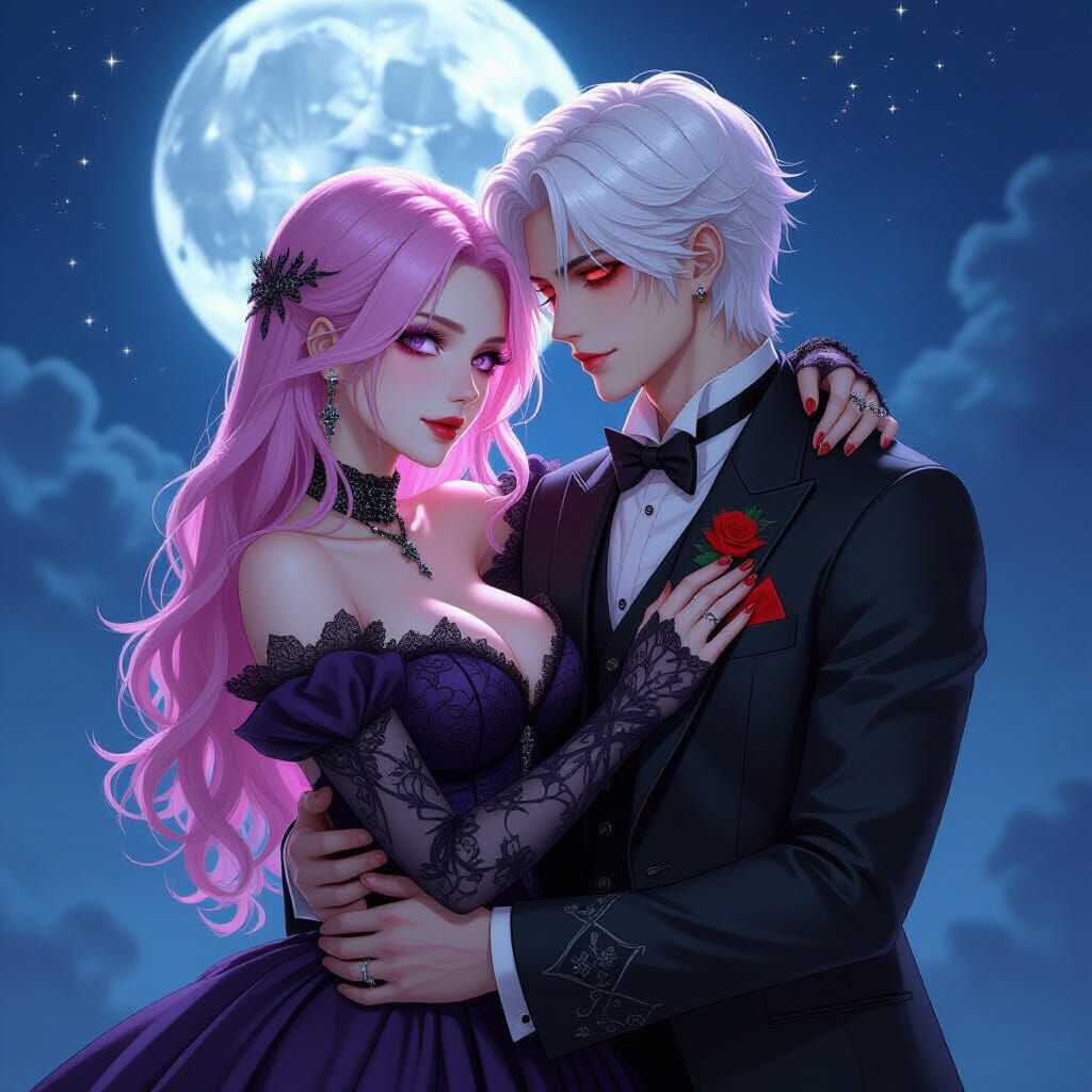 Gothic Couple Cuddling Under Enchanted Moonlight
