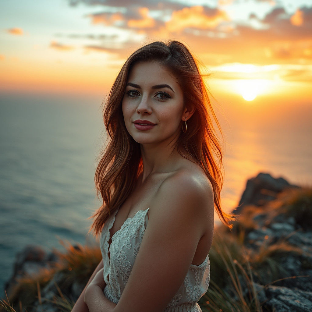 Woman Gazing at Sunset in Pre-Raphaelite Style