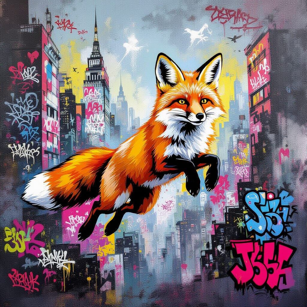 Graffiti Fox Leaping Through Dreamlike Cityscape