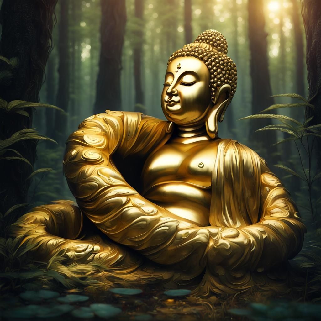 Golden Cobra Buddha Hybrid in Forest, Fantasy Art