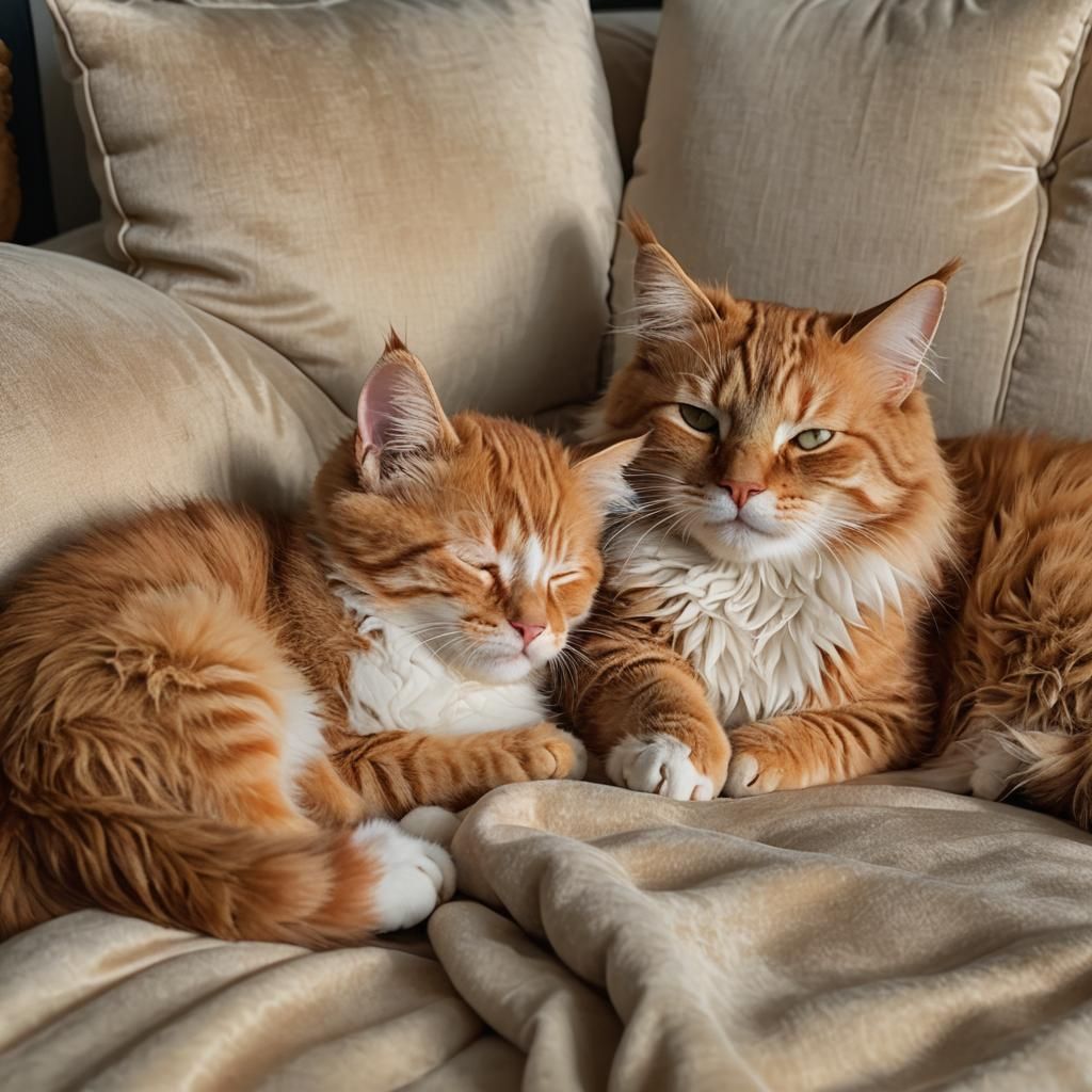 Fluffy Red Tabby Cat and Kitten: A Moment of Tranquility