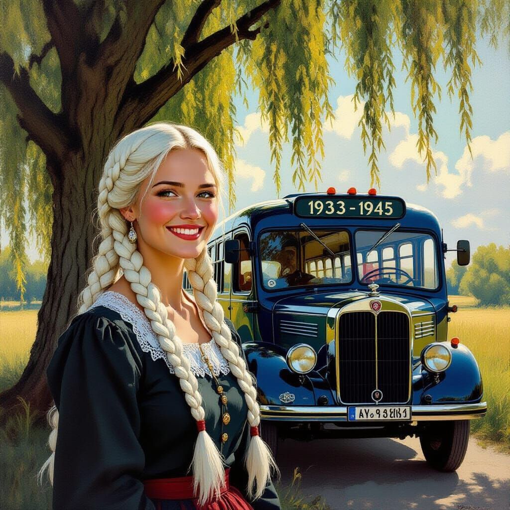Nordic Woman by Willow Tree with Vintage Bus, Oil Painting S...