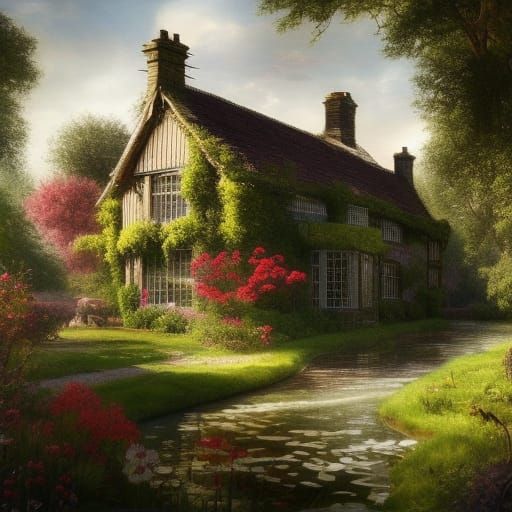 Victorian Cottage in English Water Garden, Fantasy Art