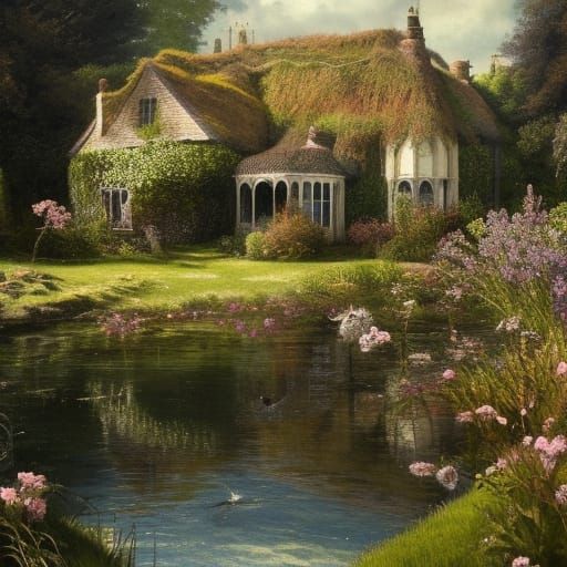 Victorian Cottage in Sunlit English Water Garden
