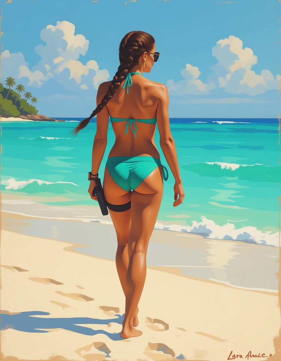 Lara Croft Enjoys a Tropical Beach in Impressionist Style