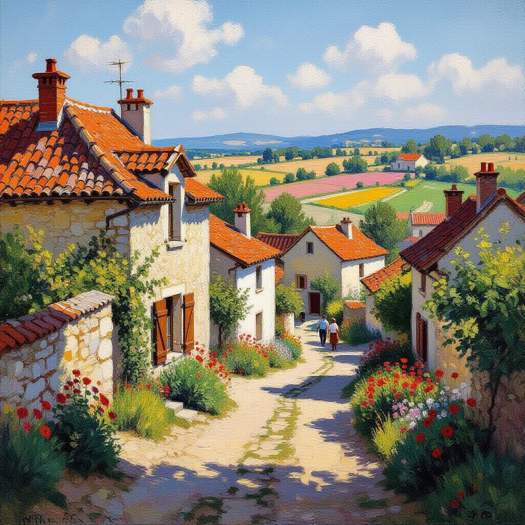 Picturesque French Village Festival in Impressionist Style