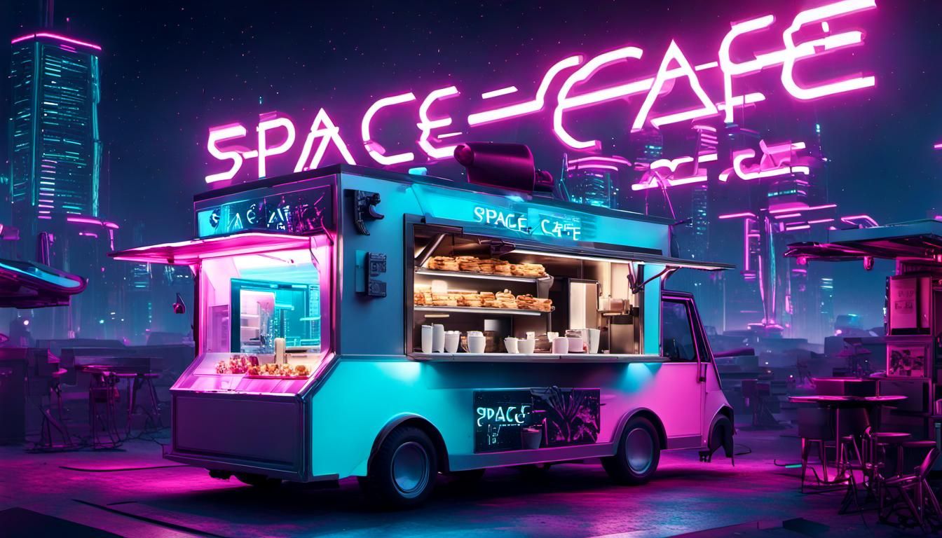 Cyberpunk Food Truck in Sci-Fi Space Yard