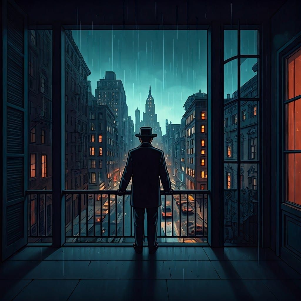 Rainy Night Balcony View in Comic Style