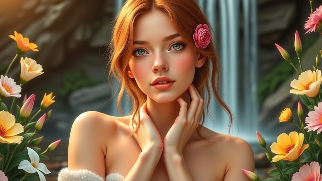 Photorealistic Portrait of a Welcoming Woman with Auburn Hai...