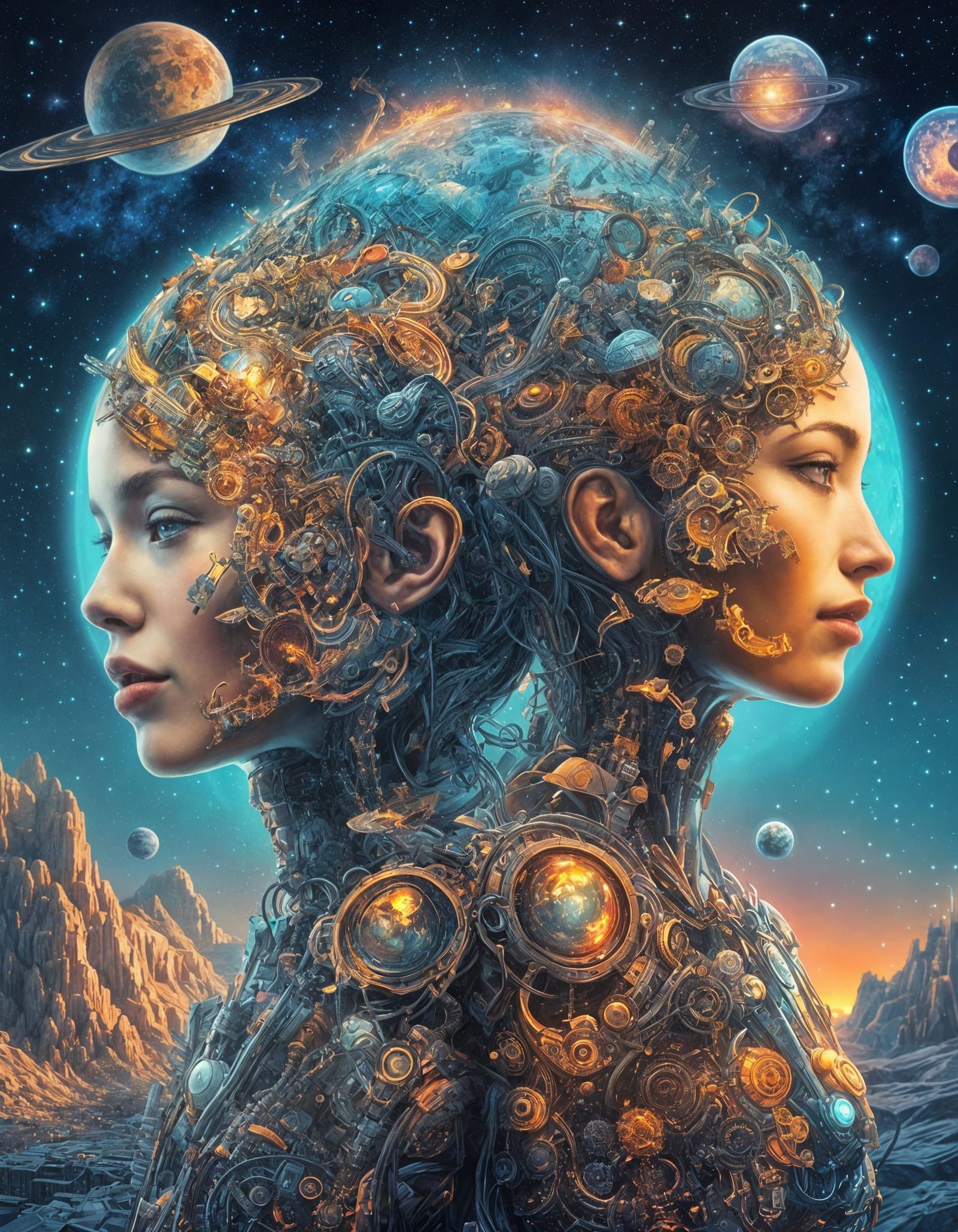 Futuristic Cityscapes and Cyborgs in Double Exposure Art