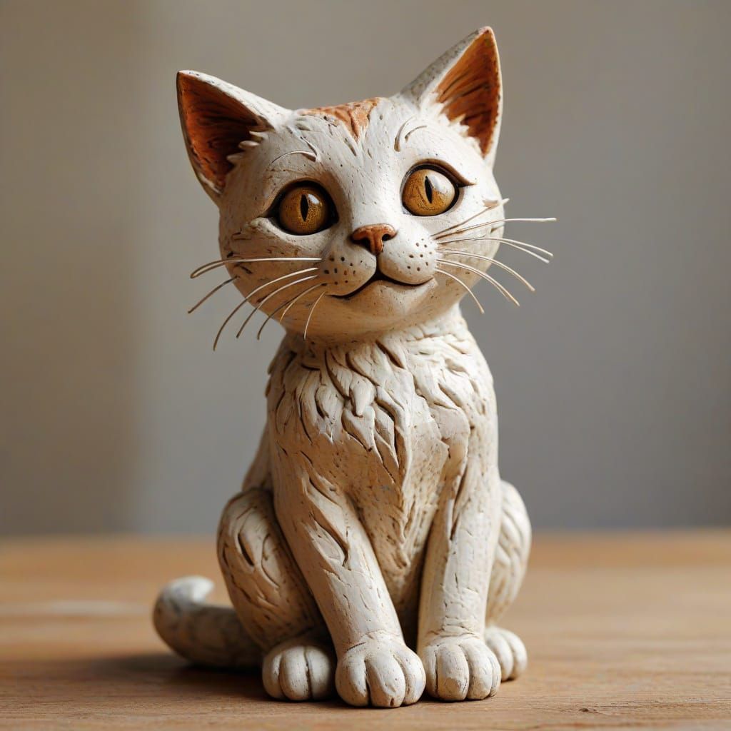 Whimsical Clay Kitty Sculpture in Ceramic Art Style