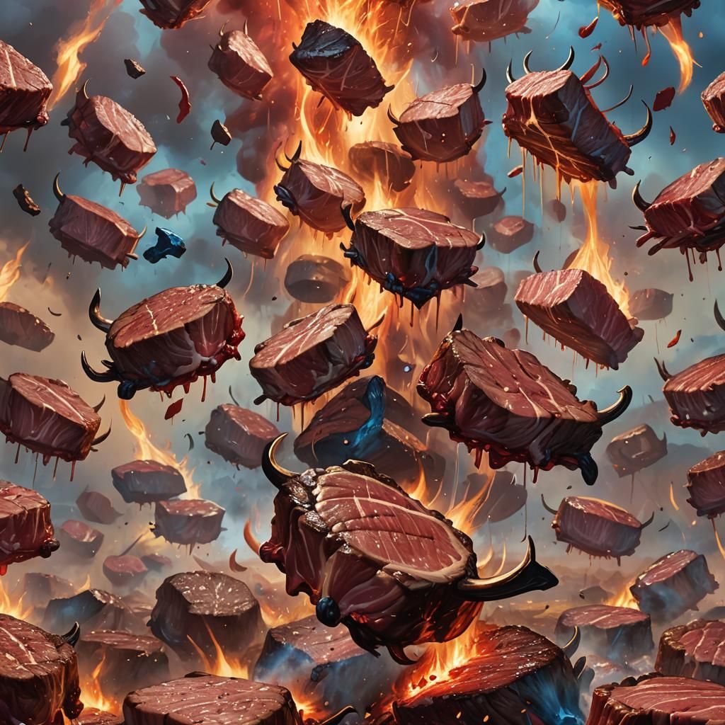 Steaks Fighting in Fantasy Landscape Oil Painting