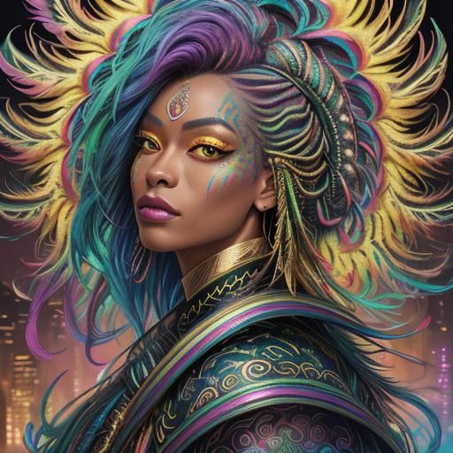 Rainbow Dragon Serpent Woman in Street Art Style