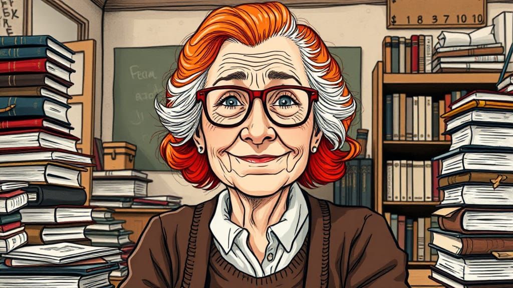 Red-Haired Teacher in Whimsical Hand-Drawn Style