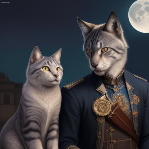 Cat Couple Portrait with Elephants, Art Nouveau Style